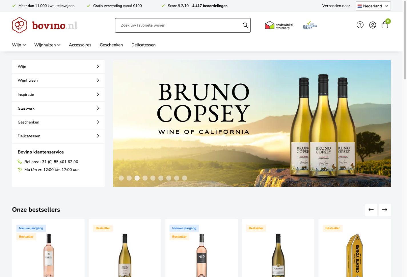 Screenshot van de Bovino-webshop
